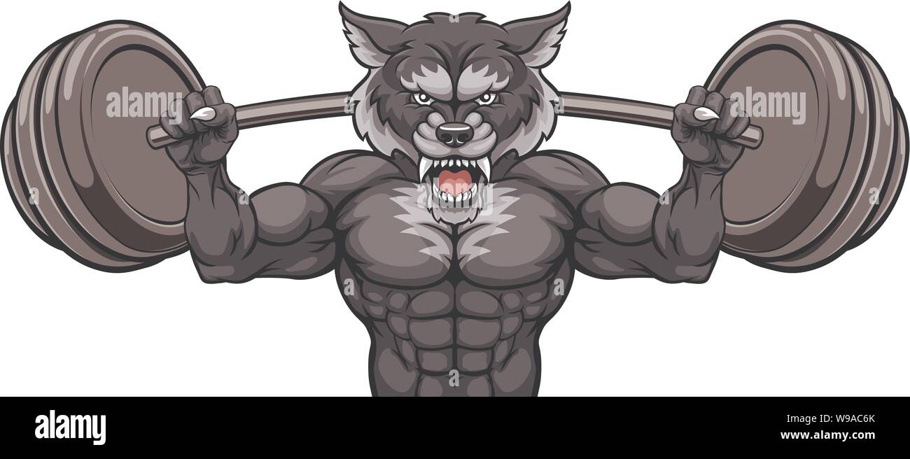 Mascotte loup Barbell levage de poids Body Builder Illustration de Vecteur