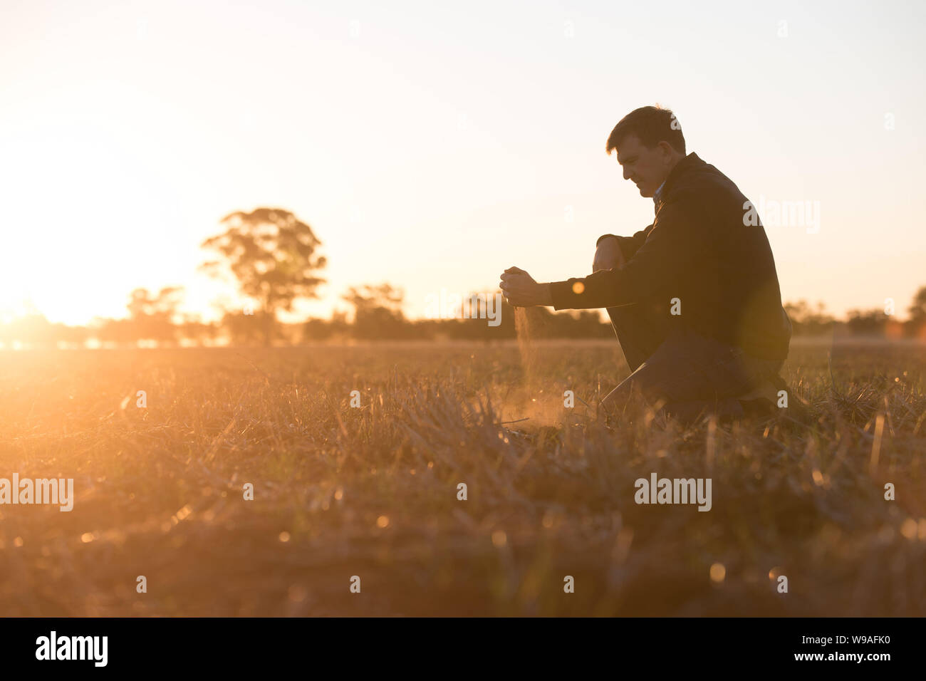 Farmer James Hamilton sur sa ferme à la sécheresse Narromine, Nouvelle Galles du Sud. Banque D'Images