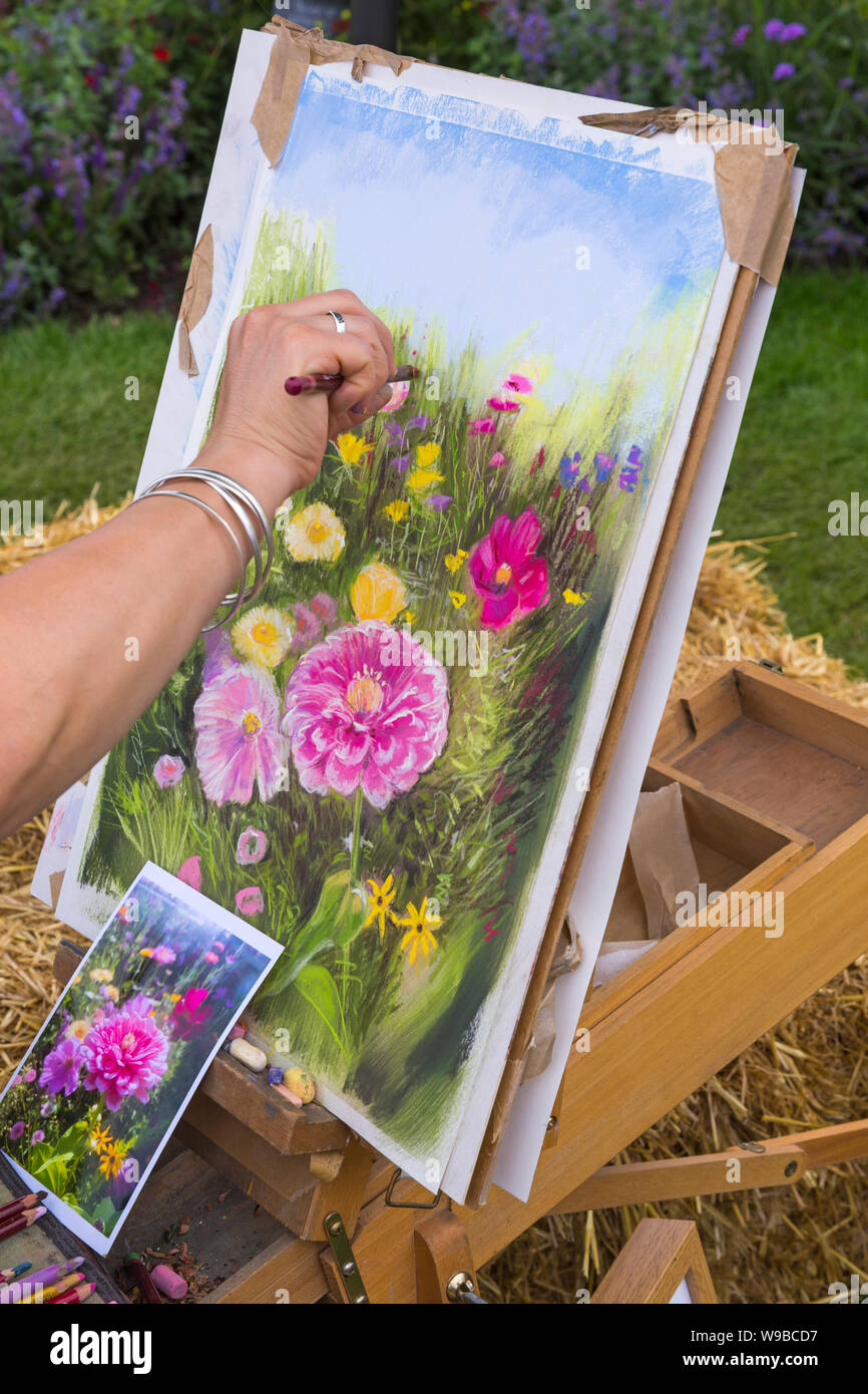 Artiste Nina Squire capturer la beauté des fleurs au pré des fleurs à New Forest & Hampshire County Show, Brockenhurst, Hampshire UK en Juillet Banque D'Images