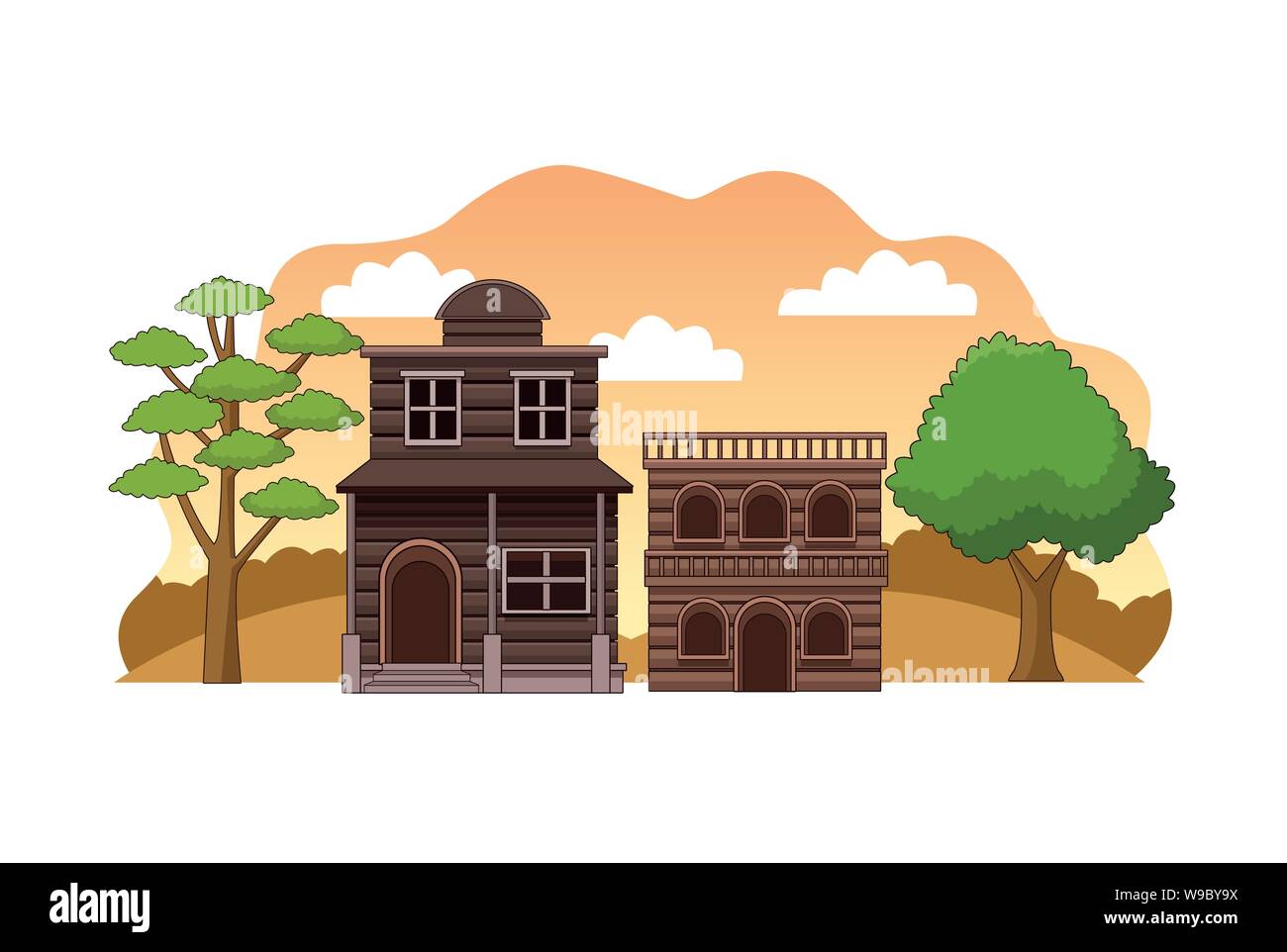 Ville de l'ouest avec des bâtiments en bois Illustration de Vecteur
