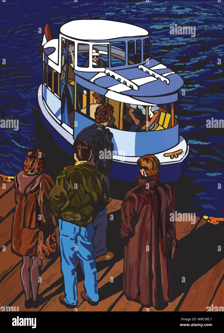 Petit taxi mer ramasser et déposer les passagers à un port dock Illustration de Vecteur