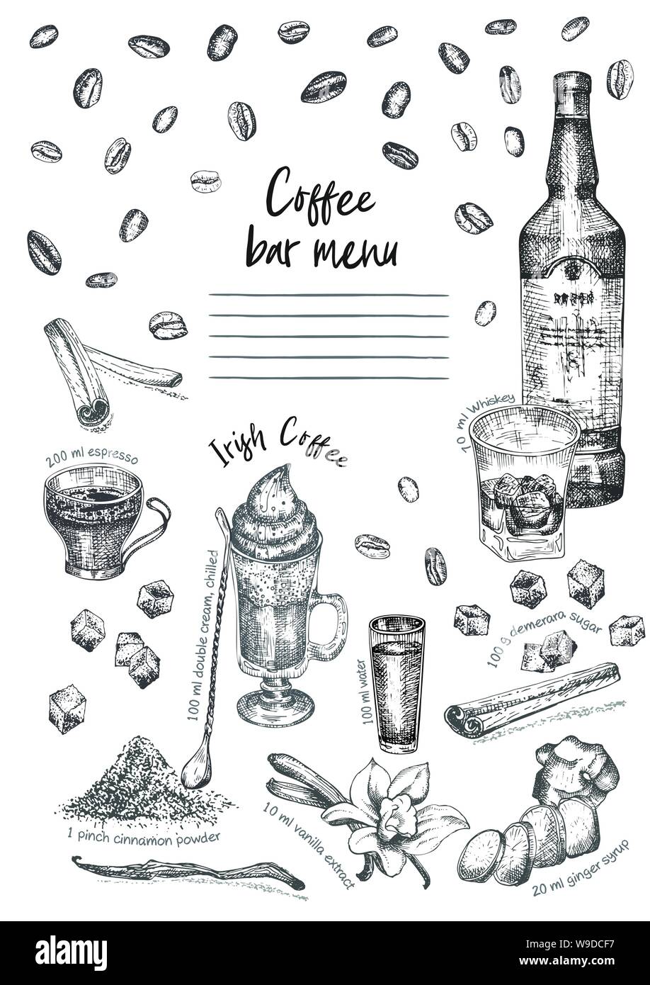 Vintage design croquis à main bar, restaurant, café menu sur fond blanc. Graphic vector art. Irish coffee whisky avec glace modèle créatif Illustration de Vecteur