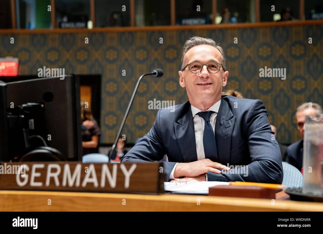 New York, USA. Août 13, 2019. Heiko Maas (SPD), Ministre des affaires étrangères, participe à une session du Conseil de sécurité de l'ONU sur le droit international humanitaire à l'ONU. Le contexte de la visite n'est que la Pologne préside actuellement le Conseil de sécurité et l'Allemagne s'efforce de mettre en réseau les Européens dans le plus important organe des Nations Unies. Credit : Kay Nietfeld/dpa/Alamy Live News Banque D'Images