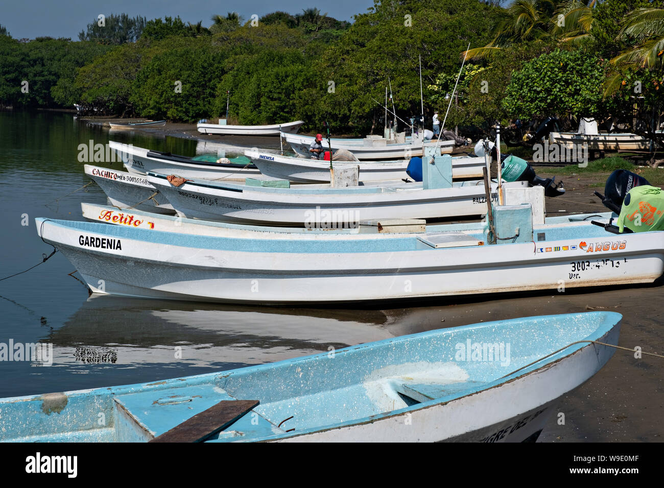 Bateaux de pêche appelé Pangas échoué à la périphérie de Sontecomapan lagon à la Barra de Sontecomapan, Veracruz, Mexique. Le lagon qui se jette dans le golfe du Mexique est l'un des mieux conservés humides côtières et les forêts de mangroves au Mexique et une partie de la réserve de la biosphère de Los Tuxtlas. Banque D'Images