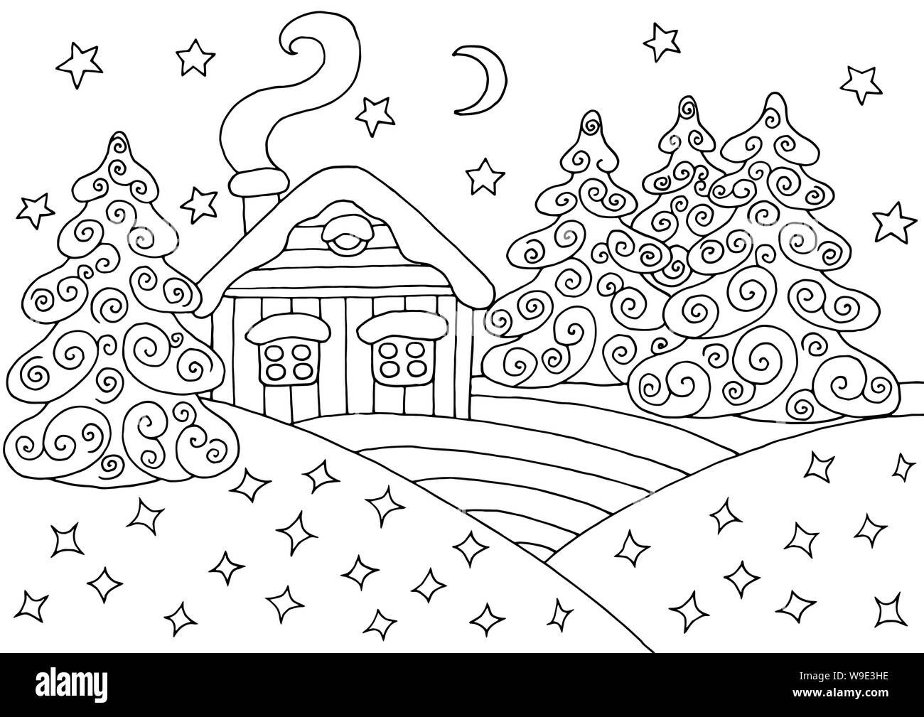 Maison dans la neige de l'hiver forêt de sapins - coloriages pour enfants et adultes Illustration de Vecteur