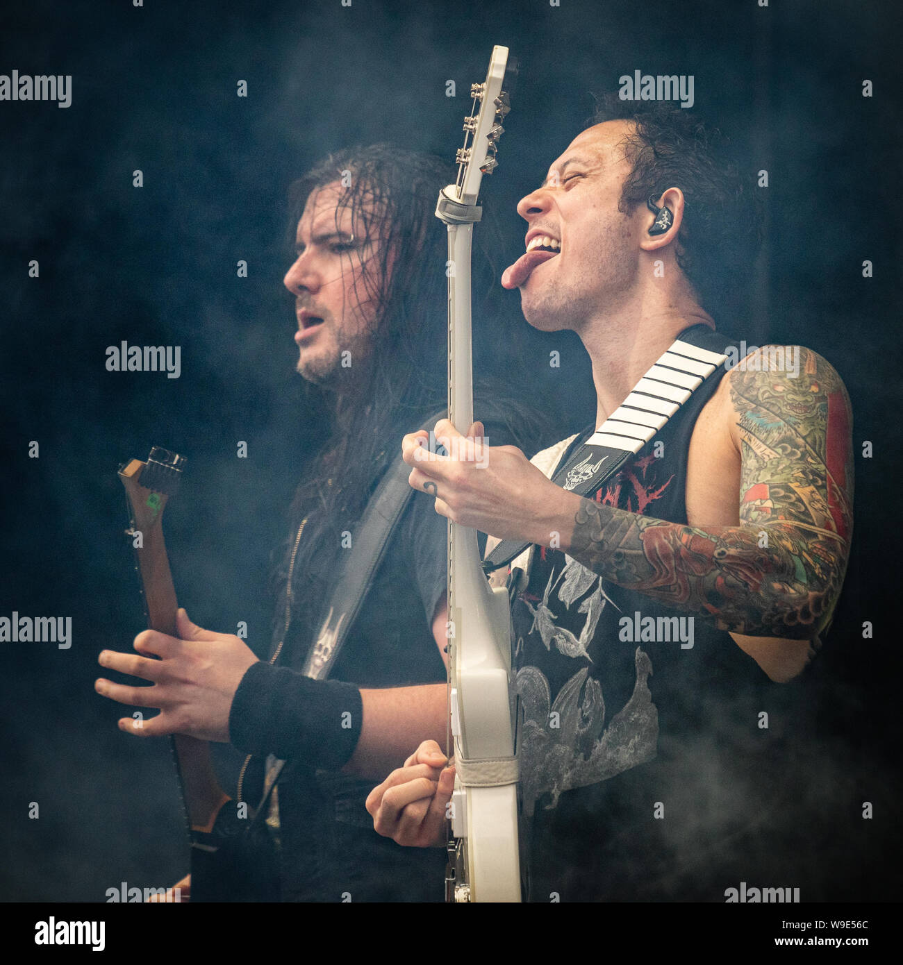 Trivium sur la scène du festival 2019 Copenhell à Copenhague, Danemark. Ici guitariste et chanteur Matt Matt. Banque D'Images