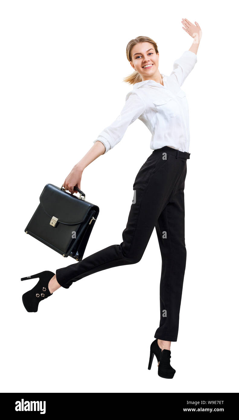 Happy business woman en saut d'usure formelle avec porte-documents. Banque D'Images