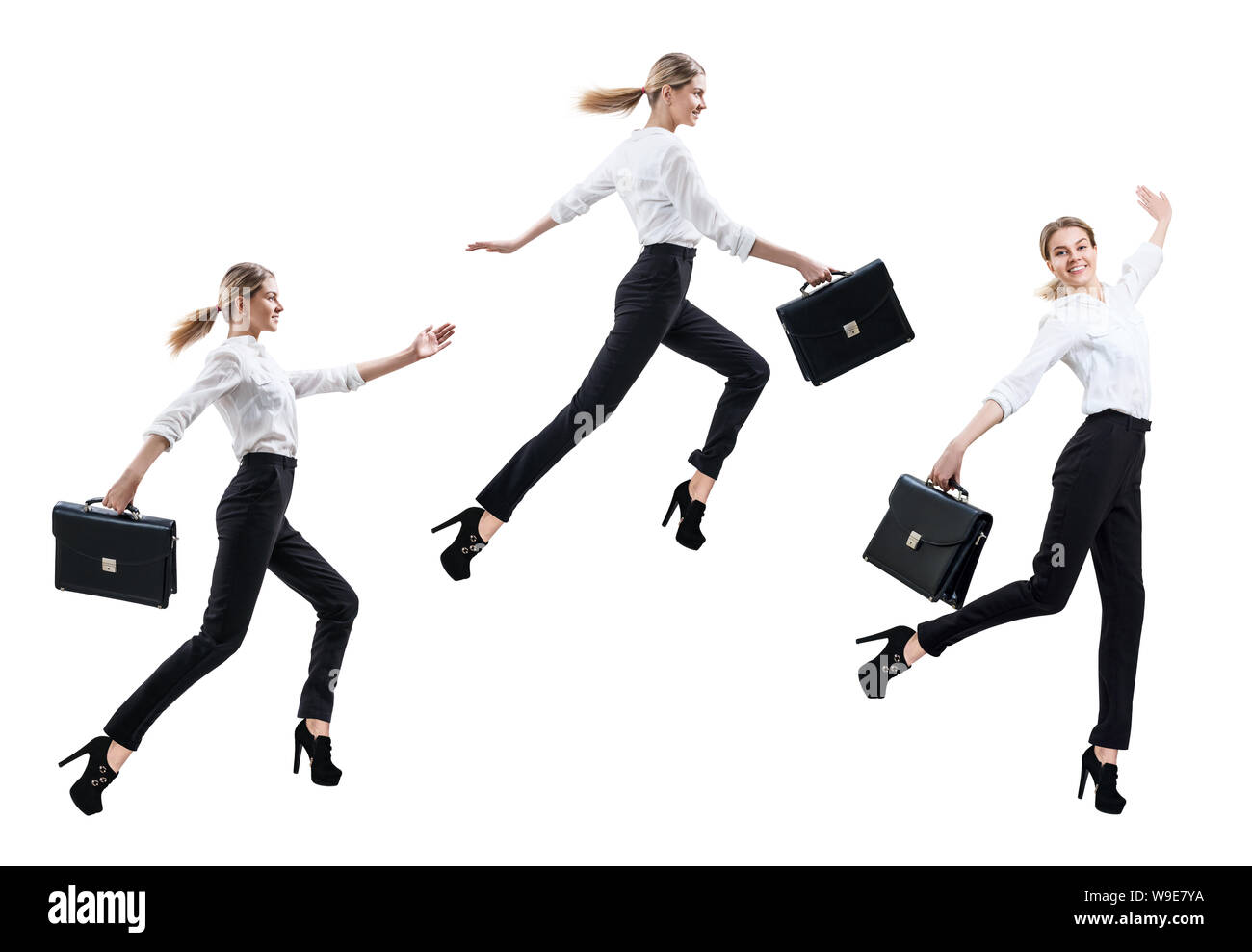 Collage de happy business woman en saut d'usure formelle avec porte-documents. Banque D'Images