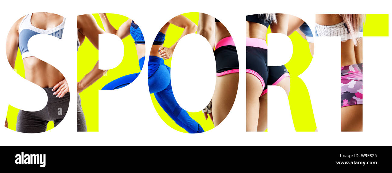 Collage créatif de femme athlétique musculaire avec le grand mot sport. Banque D'Images