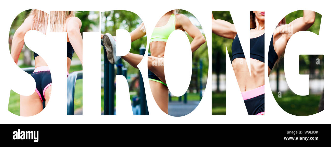 Collage créatif de femme athlétique musculaire avec le grand mot fort. Banque D'Images