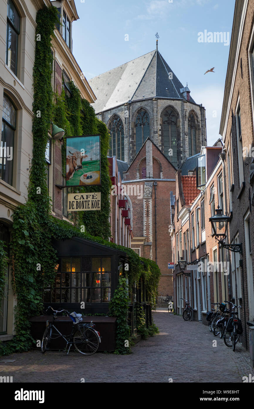 Leiden, Pays-Bas - 11 juillet 2019 : Alley avec café appelé le chat vache et voir à l'église de l'backsite Hooglandse dans le centre-ville Banque D'Images