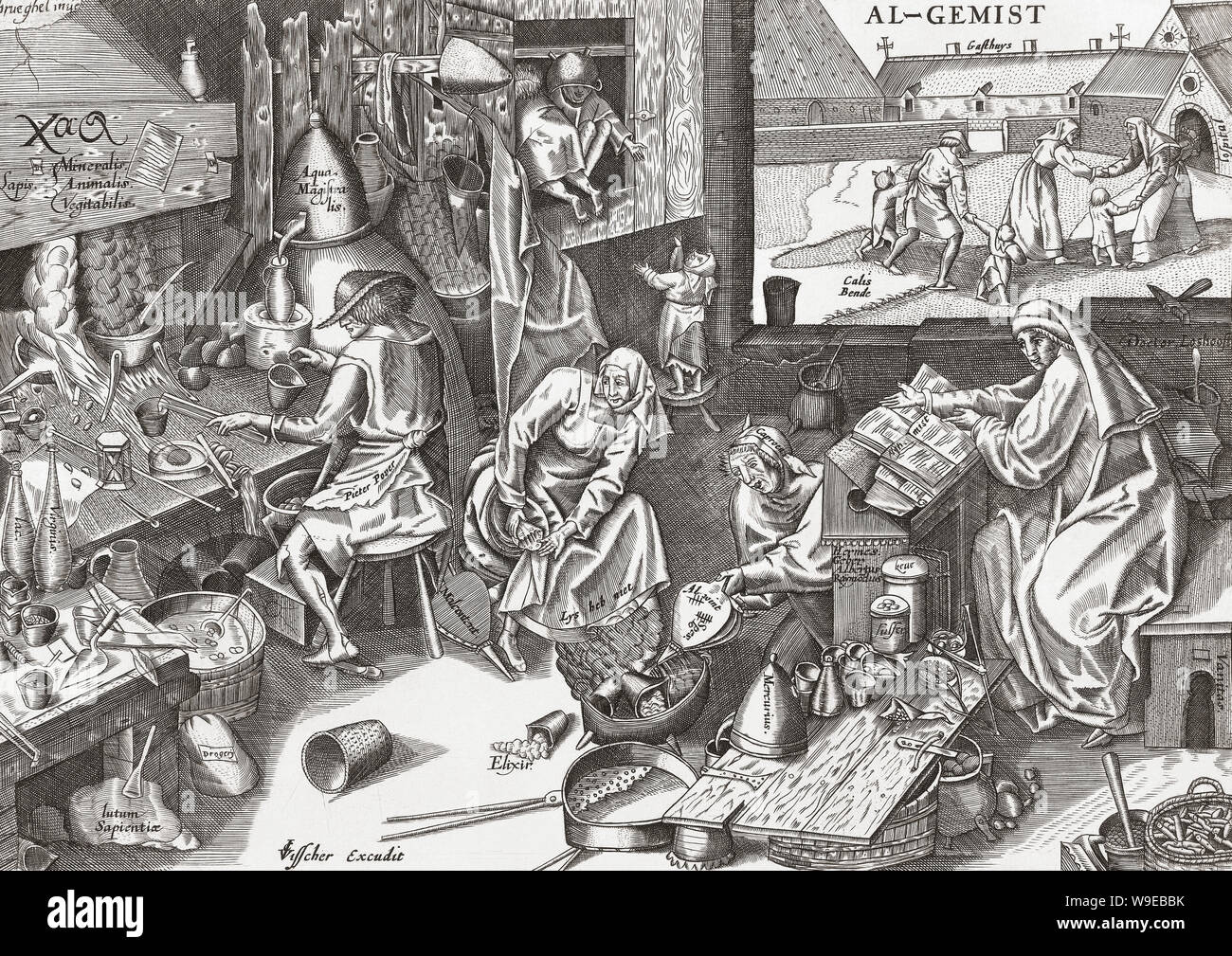 Une famille d'alchimistes au travail. Une illustration du 17ème siècle après une œuvre de Pieter Bruegel. Banque D'Images