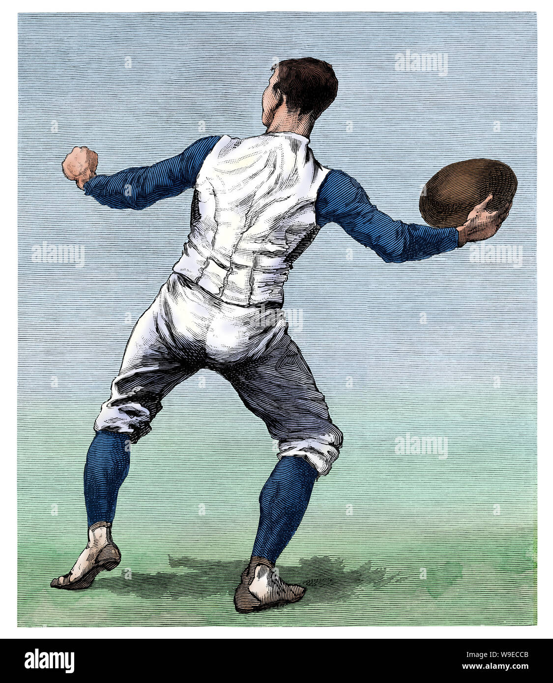Une longue passe : jeu de pratique de football de Yale, 1880. Gravure sur bois couleur numérique Banque D'Images
