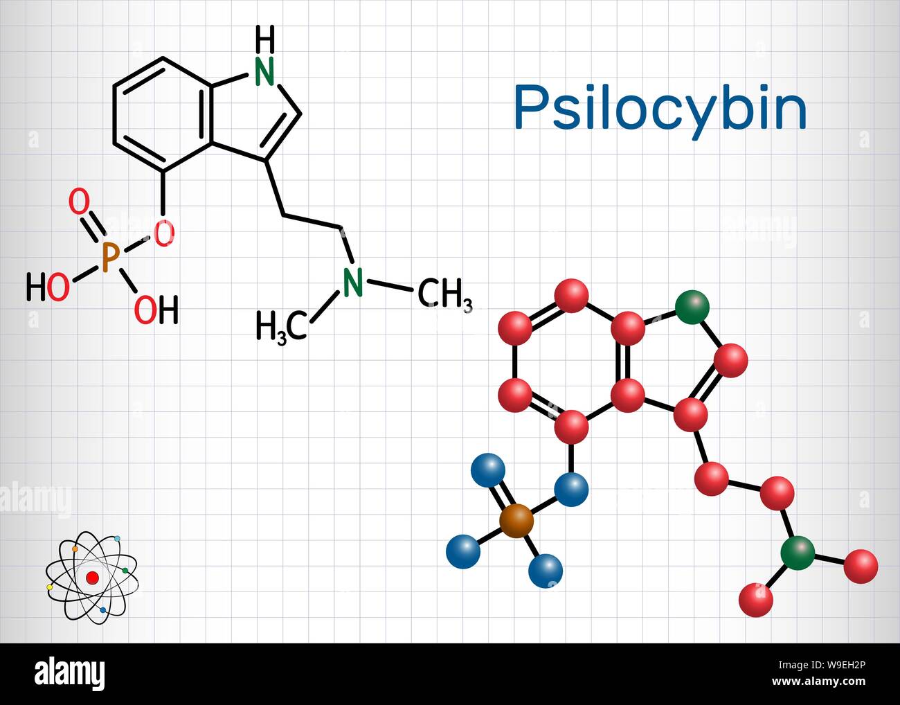 La psilocybine molécule alcaloïde. Elle est naturellement de la prodrogue de psychédélique. Formule chimique structurale et molécule modèle. Feuille de papier dans une cage.Vector mauvais Illustration de Vecteur