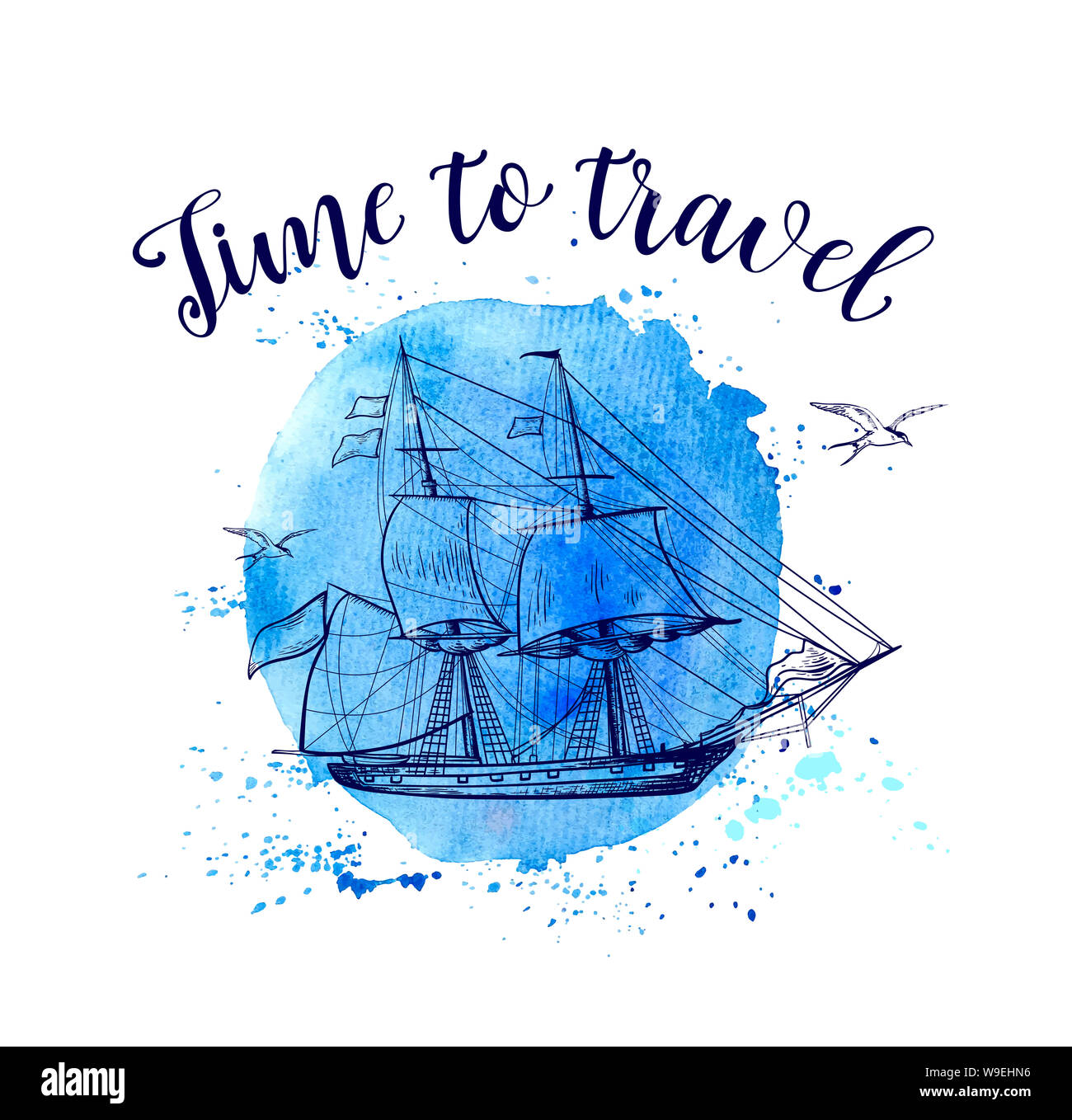 Billet d'arrière-plan avec voile et aquarelle rond bleu à la texture. Temps de voyager le lettrage. Banque D'Images