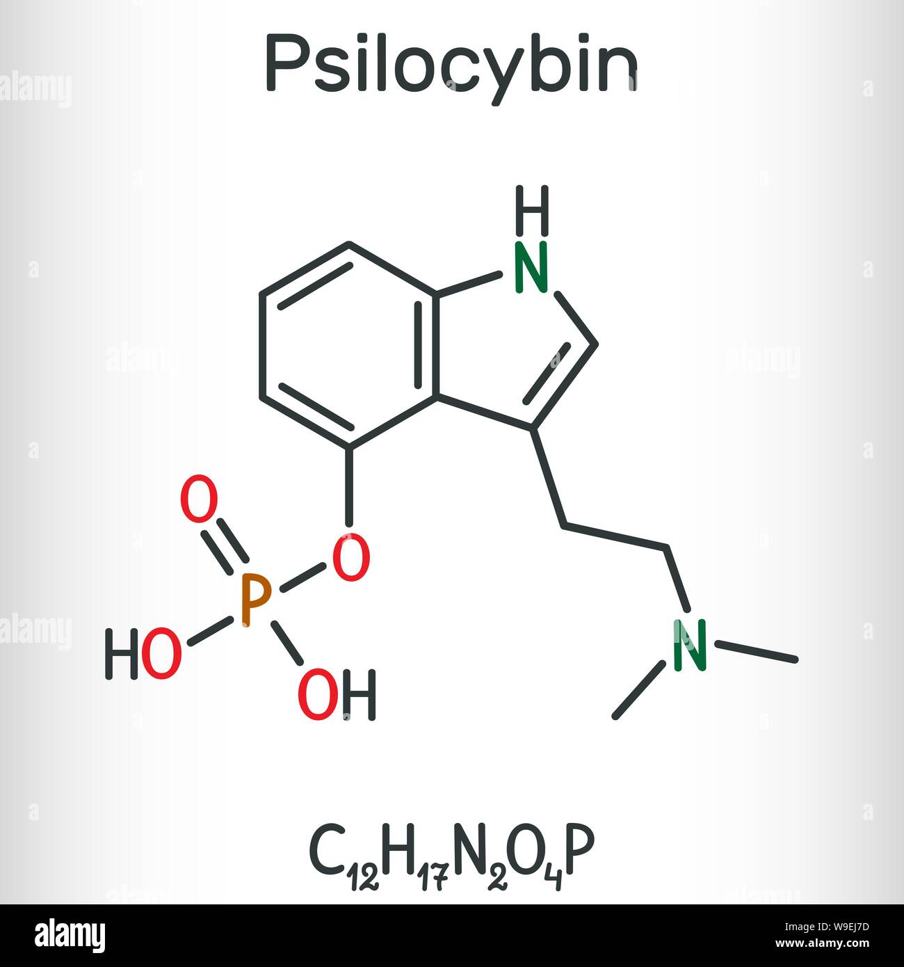 La psilocybine molécule alcaloïde. Elle est naturellement de la prodrogue de psychédélique. Formule chimique structurels. Vector illustration Illustration de Vecteur