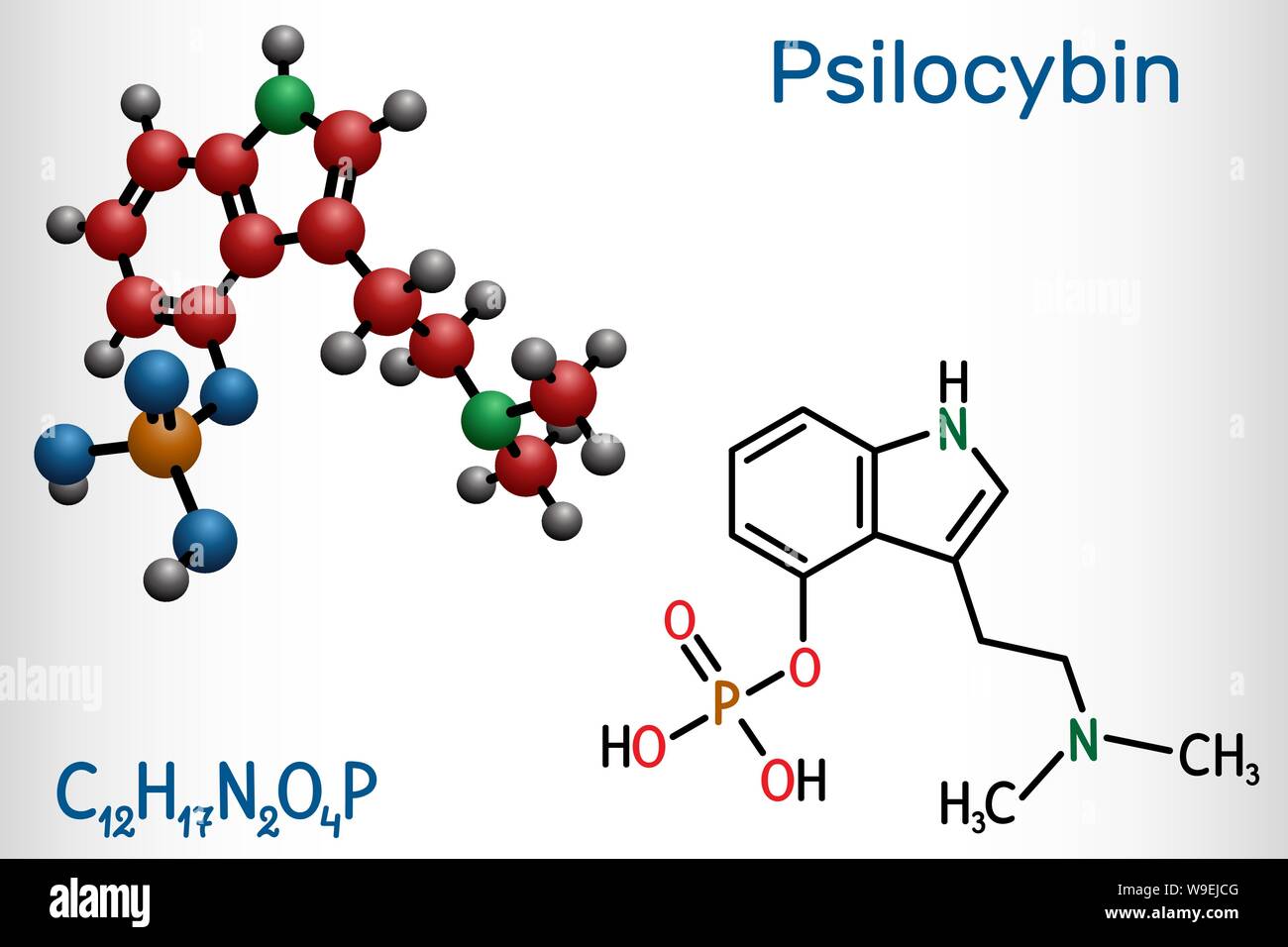 La psilocybine molécule alcaloïde. Elle est naturellement de la prodrogue de psychédélique. Formule chimique structurale et molécule modèle. Vector illustration Illustration de Vecteur