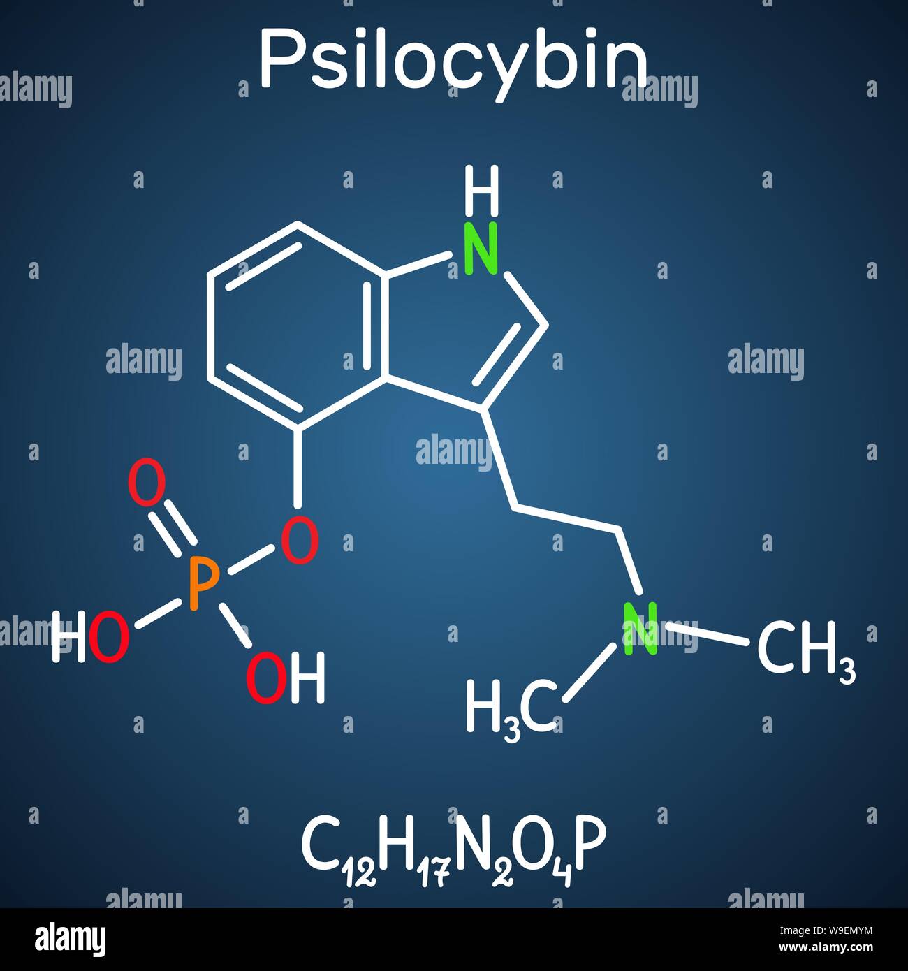 La psilocybine molécule alcaloïde. Elle est naturellement de la prodrogue de psychédélique. Formule chimique structurel sur le fond bleu foncé. Vector illustration Illustration de Vecteur