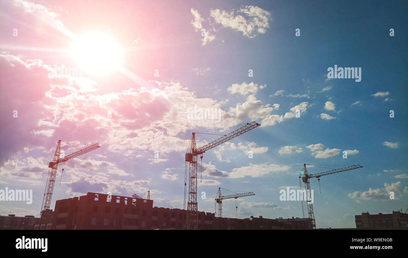 Grand nombre de grues à tour sont installés sur le site de construction, par une belle journée ensoleillée. Banque D'Images