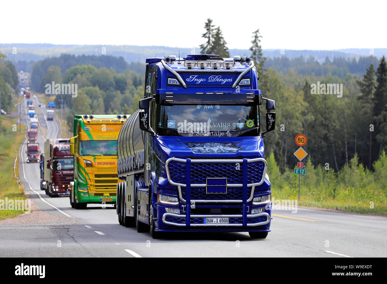 Kokemäki, Finlande. Le 8 août 2019. Prochaine génération de Scania Torpedo S650 Le Viking LXIII de Dinges logistique en convoi à Power Truck Show 2019. Banque D'Images