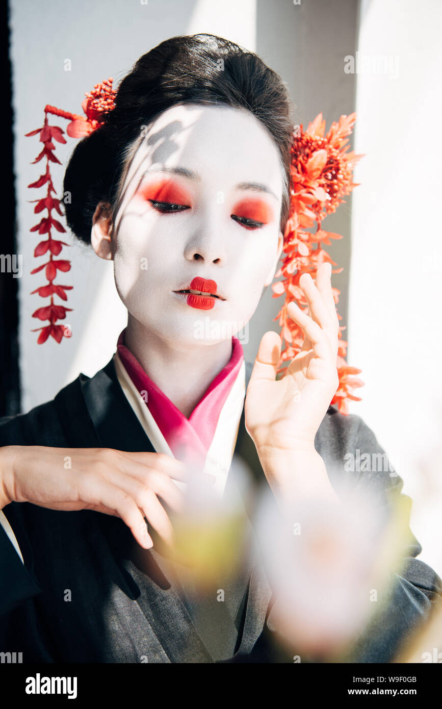 Focus sélectif des branches et sakura belle geisha en rouge et blanc et  maquillage yeux fermés à la lumière du soleil Photo Stock - Alamy