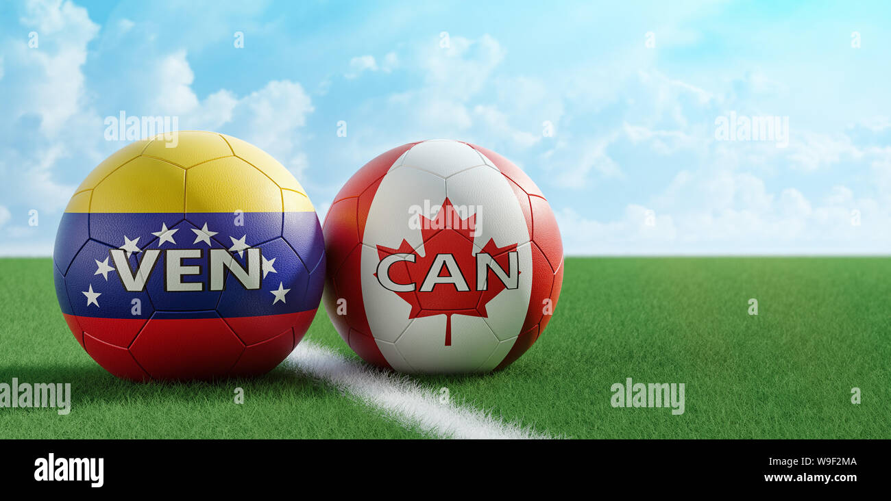 Le Canada et le Venezuela Match de football - ballons de soccer à Canadas et Venezuelas couleurs nationales sur un terrain de soccer. Copie de l'espace sur le côté droit Banque D'Images