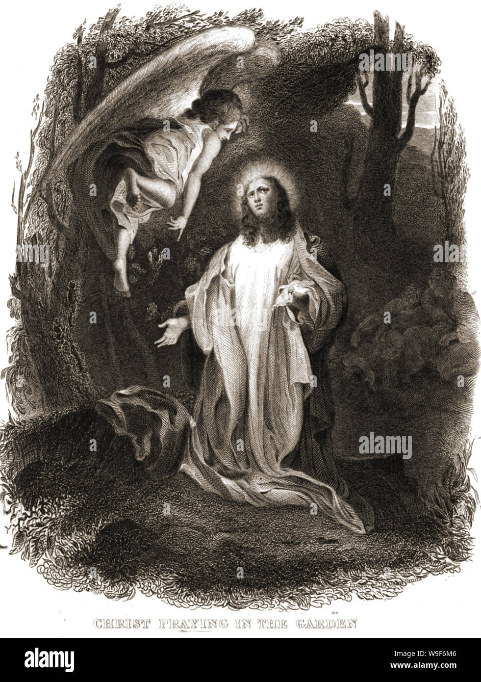Le Christianisme / Religion - 1844 Illustration de Brown's Bible montrant Jésus Christ priant dans le jardin avec un ange planant au-dessus de lui. (L'Agonie au Jardin de Gethsémani) Banque D'Images