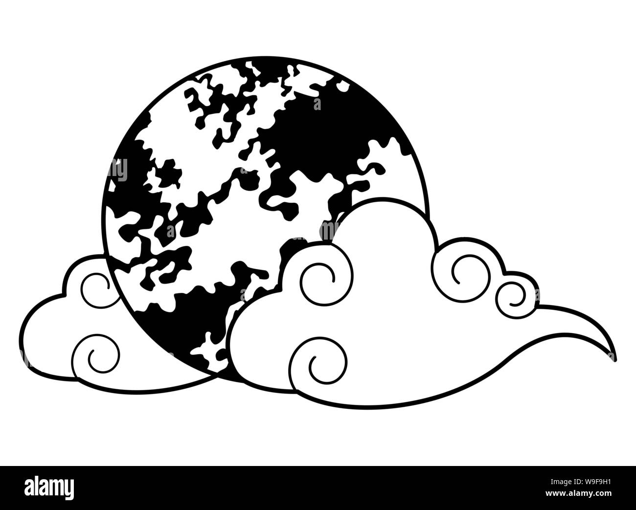 Pleine lune symbole isolé de dessin animé en noir et blanc Image