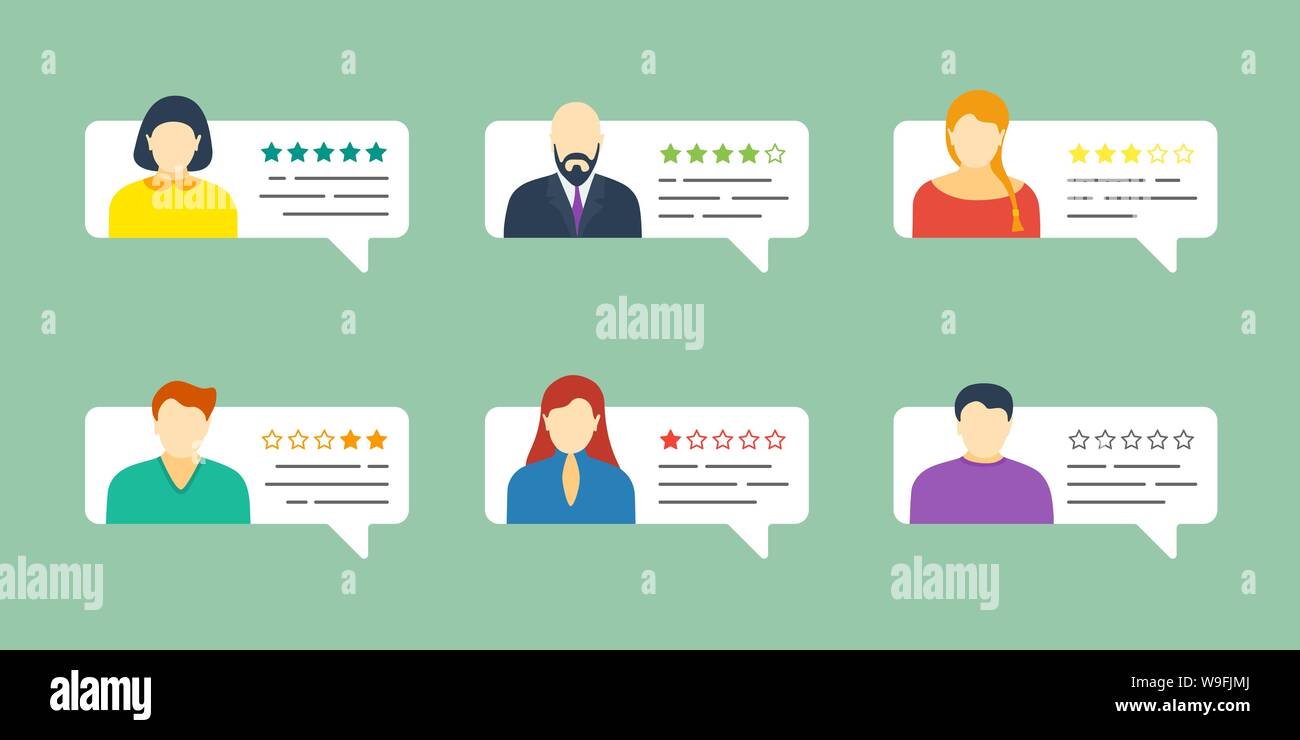 Bulle de dialogue de feedback avec avatars mâle et femelle. Système de notation d'examen cinq étoiles avec une bonne et mauvaise collection de taux de témoignage. Évaluation de la qualité des vecteurs eps concept d'illustration Illustration de Vecteur