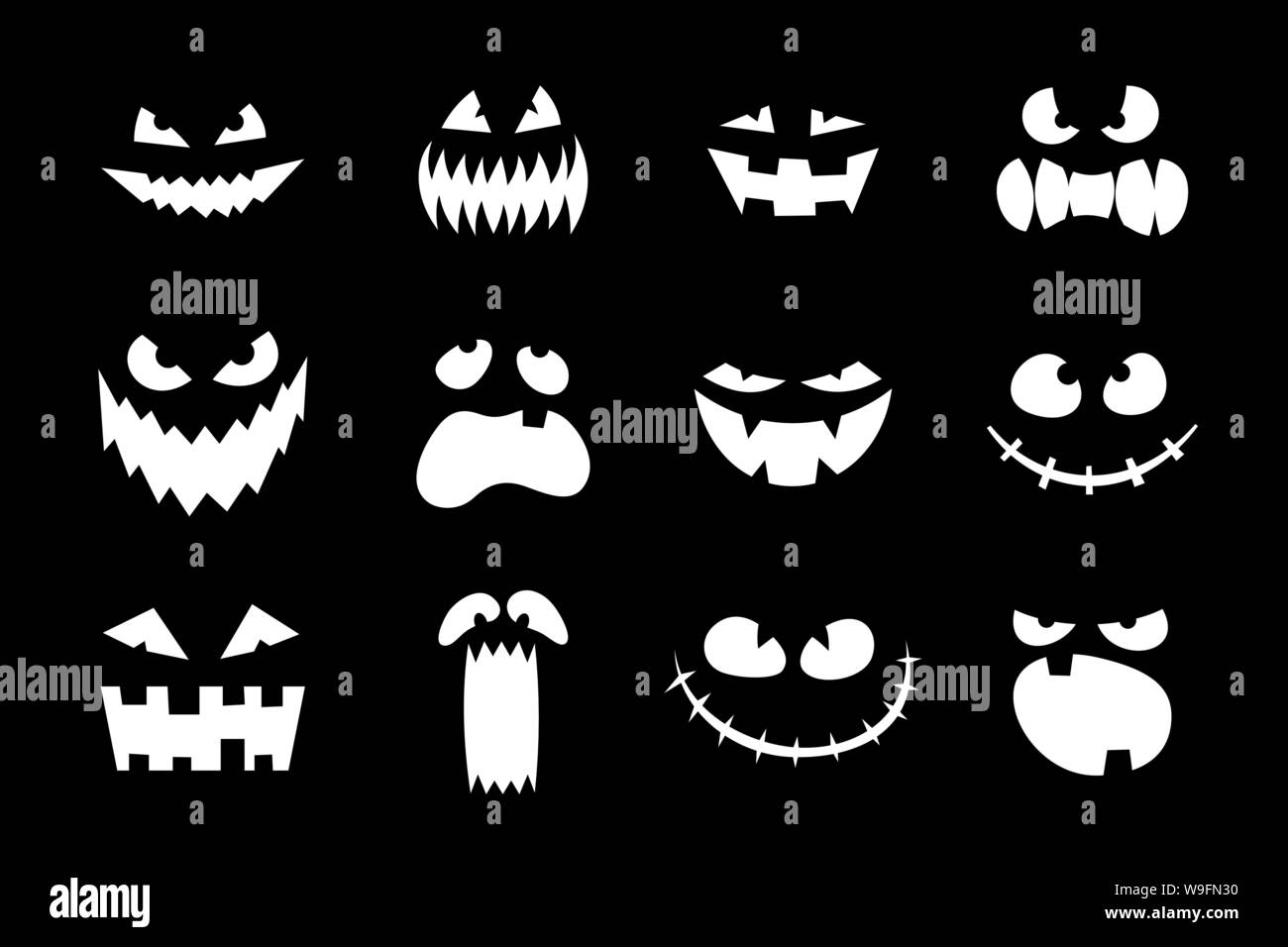 Halloween Monster Jack lanterne citrouille sculptée luisant visage effrayant sur fond noir. Collection de personnages de dessin animé pour les fêtes pour le motif de fête. Scénario caricature mal horreur effrayante illustration Illustration de Vecteur