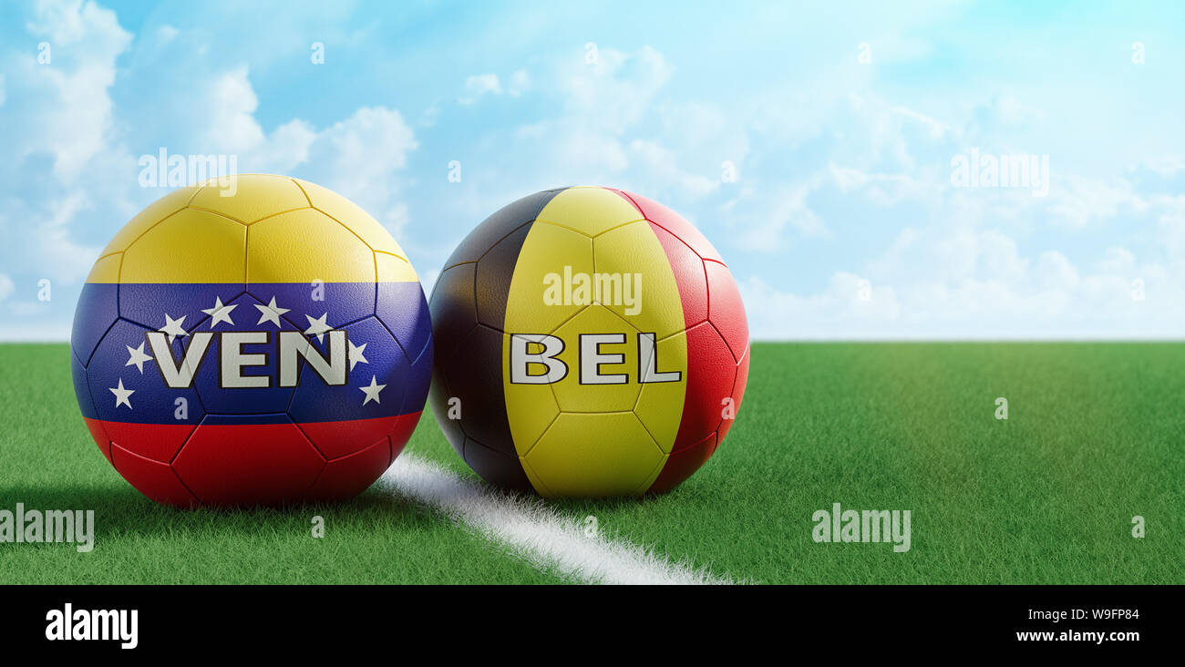 Belgique vs Venezuela Match de foot - les ballons de football en Belgique et le Venezuela couleurs nationales sur un terrain de soccer. Copie de l'espace sur le côté droit - 3D Render Banque D'Images