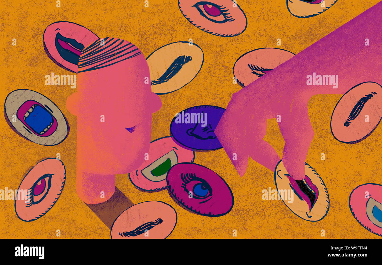 Concept d'intelligence émotionnelle. Une main sélectionne et gérer l'expression visage composants. Coloré. Banque D'Images