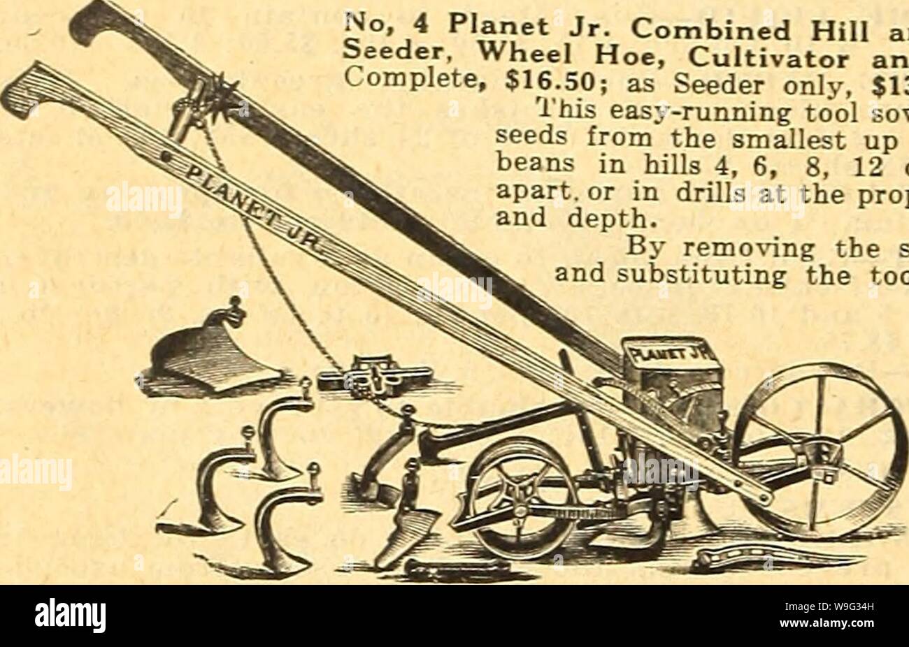 Image d'archive à partir de la page 99 de Currie's Farm et jardin annuel. Currie's Farm et le jardin de printemps annuel : 1918 43e année curriesfarmgarde curr191 Année : 1918 ( Drill Seeder. Contient 2 1/2 pintes r"n à similaire n° 1 percer, mais plus grand, plus grandes roues et rouleau. La culture n'a pas de pièces jointes.   . , N° 3 Planète Jr. Hill et percer Seeder. iTice 15,50 $. 15 pouces Roues en acier l'ANREF. Contient 3 litres de semence. Un favori parmi les producteurs d'oignons et aux maraîchers. Non, 4 Planète combiné Hill Jr. et percer Seeder, roue dentelée, cultivateur et charrue. Complet, 16,50 $ ; comme Seeder seulement, 13,50 $. Cet e Banque D'Images