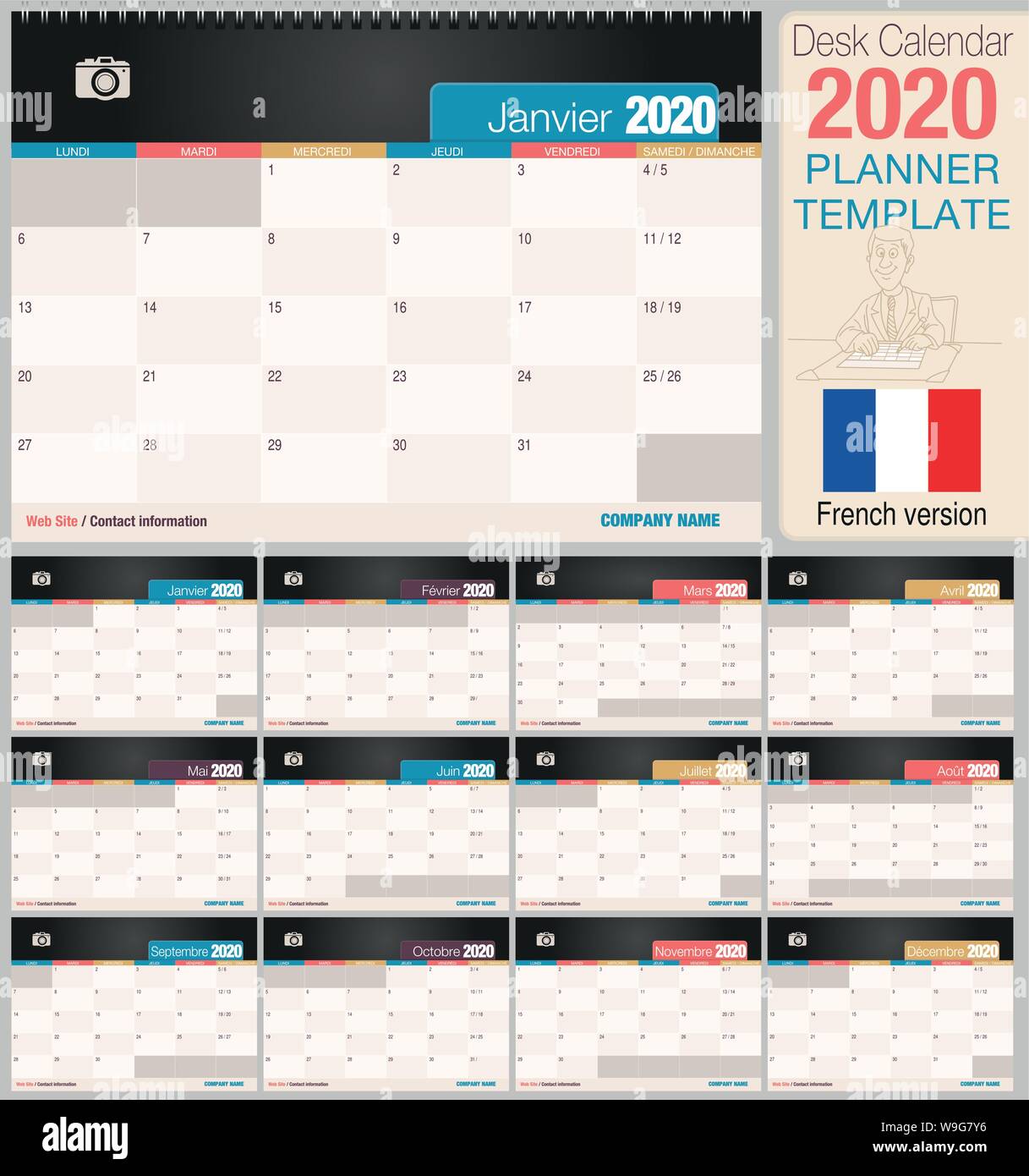 Calendrier de bureau utiles 2020 avec espace pour placer une photo. Taille : 210 mm x 148 mm. Version française - image vectorielle Illustration de Vecteur