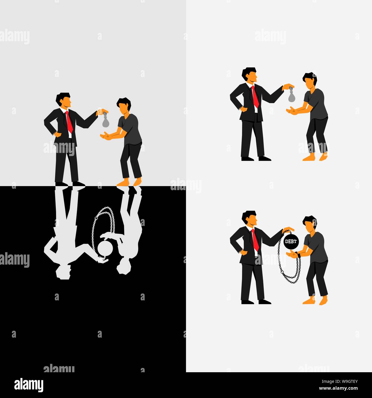 Les riches prêtent de l'argent aux pauvres à des taux d'intérêt, devenir une servitude pour dette et tenus de travailler en dehors de la dette ou le travail servile. L'esclavage moderne. Illustration de Vecteur