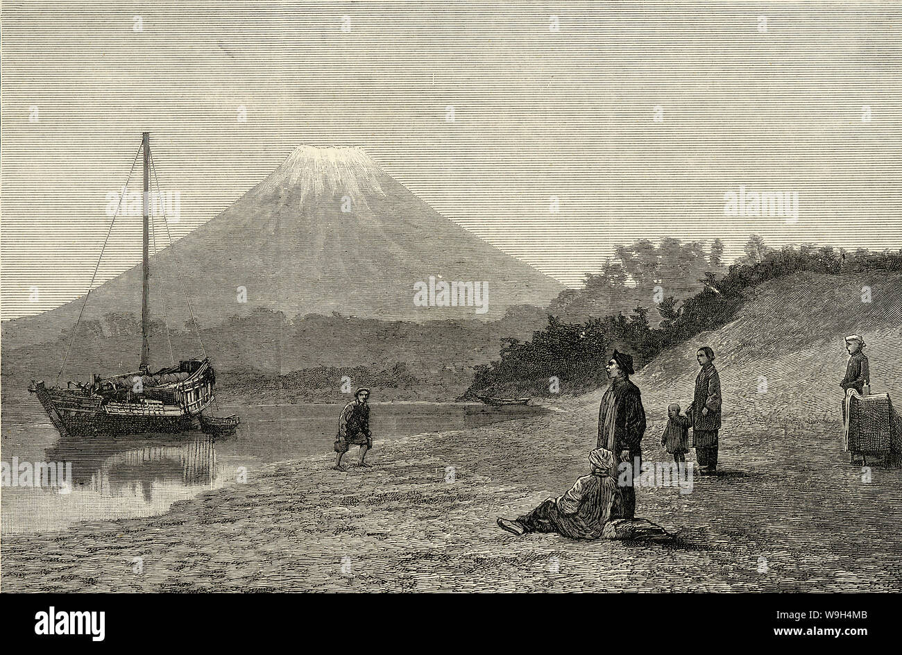[ 1860 - Japon bateau japonais et le Mont Fuji ] - vue d'un sommet enneigé du Mont Fuji. En face est un bateau à voile. Publié dans le journal illustré hebdomadaire britannique le graphique le 19 mars 1864 (1) Genji. 19e siècle vintage illustration de journal. Banque D'Images