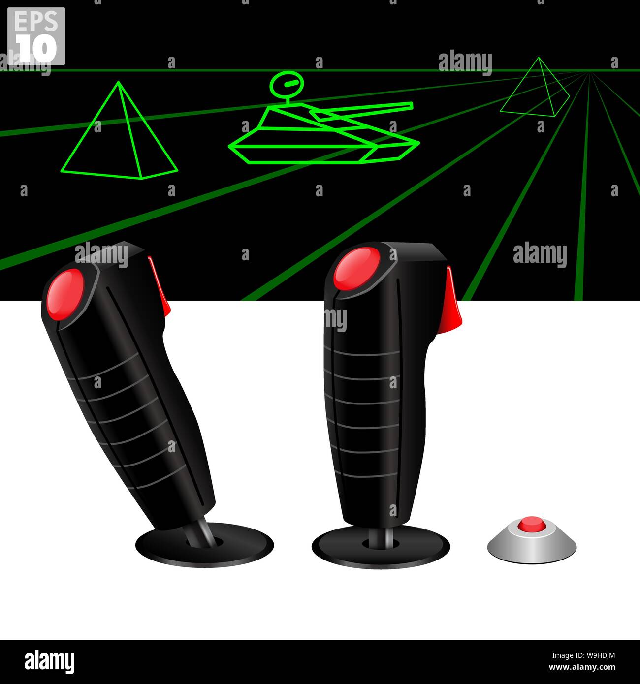 Les joysticks ou flightsticks double avec haut-feu et déclencher un incendie à bouton papillon de commande et l'orientation dans l'arcade de jeux vidéo. Illustration de Vecteur