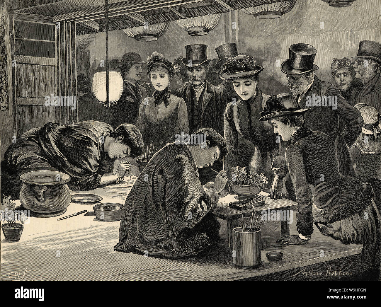 [ 1890 - Japon Village Japonais Exposition Universelle de Londres, 1890 ] - les hommes et les femmes britanniques qualifiés observer des artisans japonais à l'œuvre à la populaire le Village Japonais exposition universelle de Londres. Publié dans le journal illustré hebdomadaire britannique le graphique le 4 janvier 1890 (23) L'ère Meiji. L'exposition a eu lieu à Humphrey's Hall, Knightsbridge, à partir de janvier, 1885 (18) par Meiji Juin 1887 (20). Meiji 19e siècle vintage illustration de journal. Banque D'Images