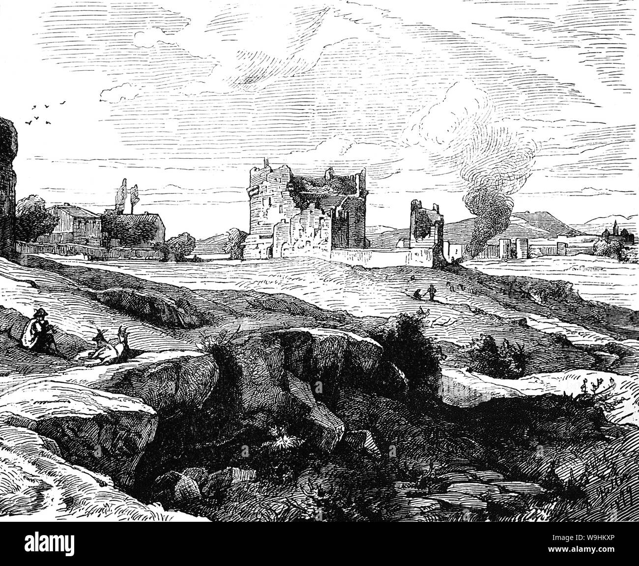 Un 19e siècle vue de la Campagna, une région de basse altitude entourant Rome avec les ruines de tombeau de Caecilia Metella, un mausolée sur la Via Appia. Il a été construit au cours du 1er siècle avant J.-C. en l'honneur de la fille de Quintus Caecilius Metellus Creticus, un consul en 69 avant J.-C., et l'épouse de Marcus Licinius Crassus (questeur), fils du célèbre Marcus Crassus qui a servi sous Jules César. Banque D'Images
