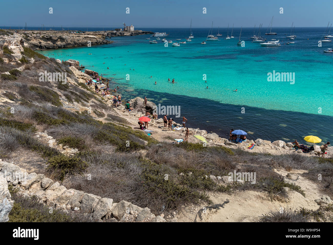 Favignana, Italie - Août 09, 2019 : La célèbre plage de Cala Azzurra dans la magnifique île de Favignana, au cours d'une journée ensoleillée. Les gens sont de détente Banque D'Images
