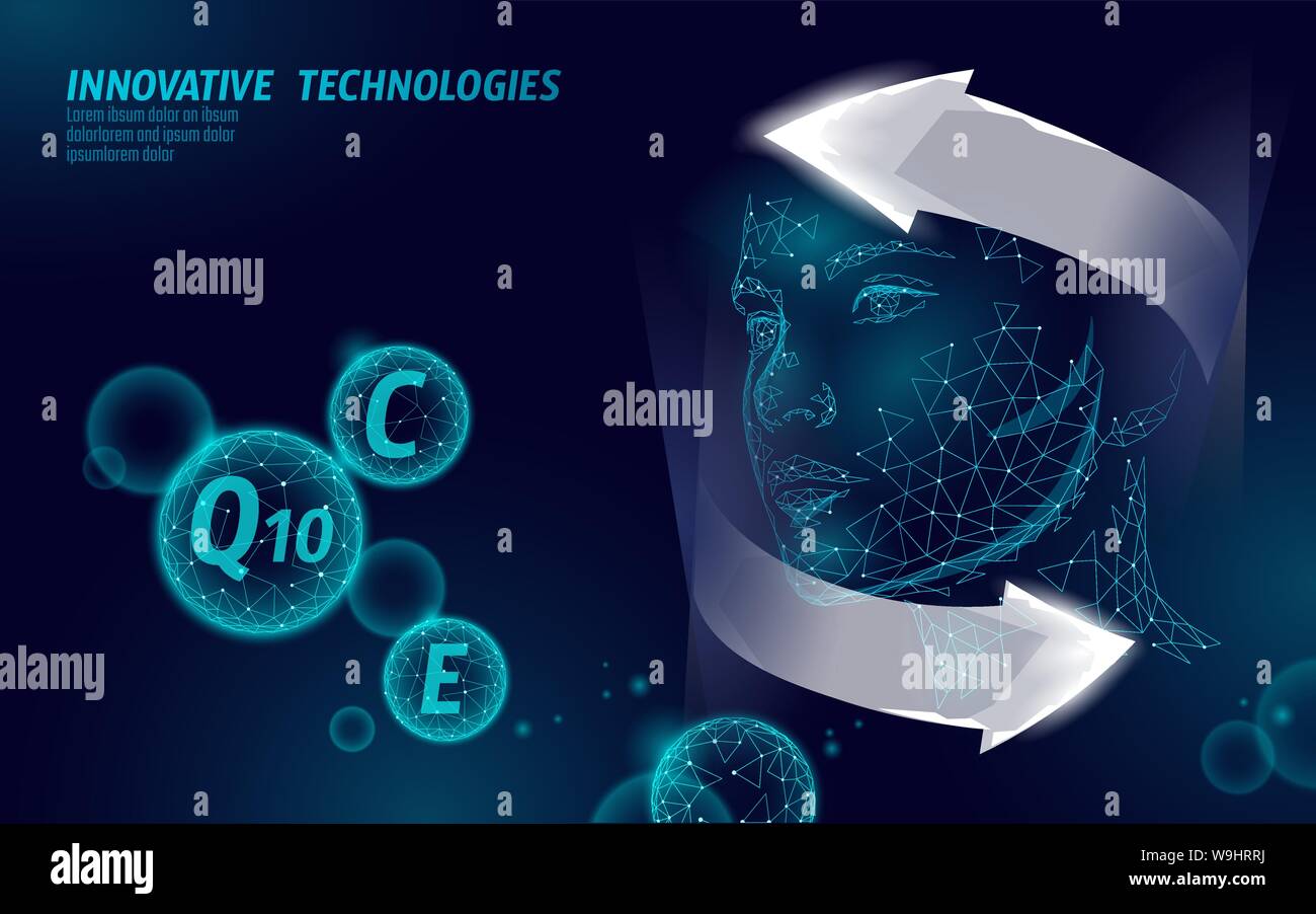 La santé de la peau complexe de vitamines faible sphère poly bulle. Visage féminin supplément santé beauté cosmétiques anti-âge modèle de page. 3D la coenzyme Q10, C, E Illustration de Vecteur