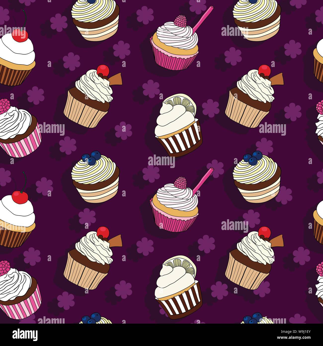 Cupcake coloré avec motif transparent vecteur fond violet foncé Illustration de Vecteur