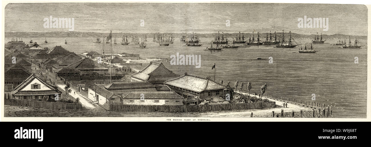 [ 1860 - Japon Shimonoseki flotte Campagne à Yokohama ] - une flotte multinationale, y compris quelque 17 navires de la marine britannique, à l'ancre dans le port de Yokohama, juste avant qu'il s'embarque pour une action punitive pendant la campagne de Shimonoseki (下関戦争/ 馬関戦争, Kofu Senso/ Bakan Senso) en 1864. Basé sur une photographie de Felice Beato (1832- 1909). Publié dans l'Illustrated London News le 29 octobre 1864 (1) Genji. 19e siècle vintage illustration de journal. Banque D'Images