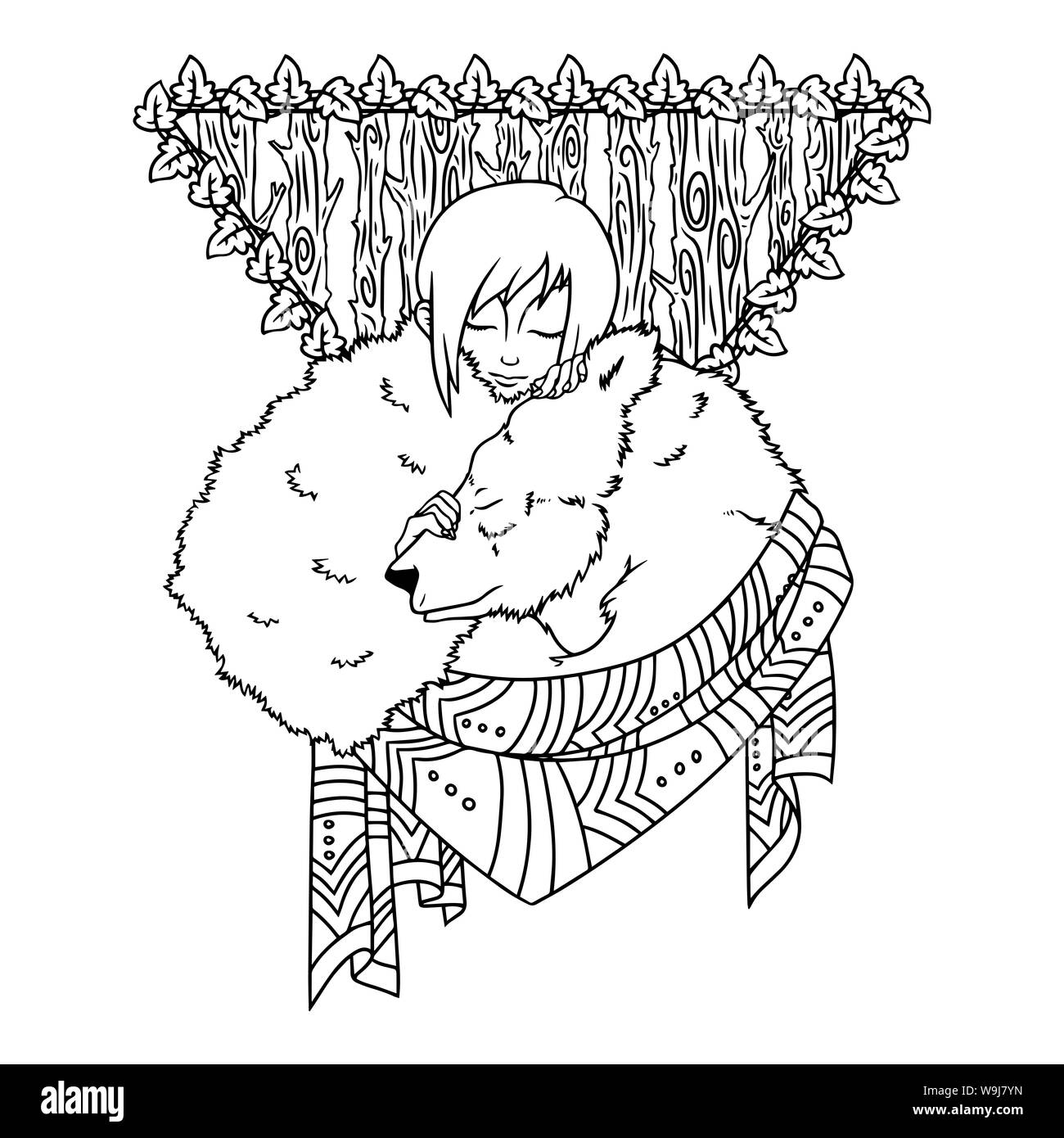 Illustration à caractère ethnique, dormir fille et l'ours. Pour l'impression, affiches, t-shirts, cartes. Illustration isolé sur fond blanc. Illustration Banque D'Images