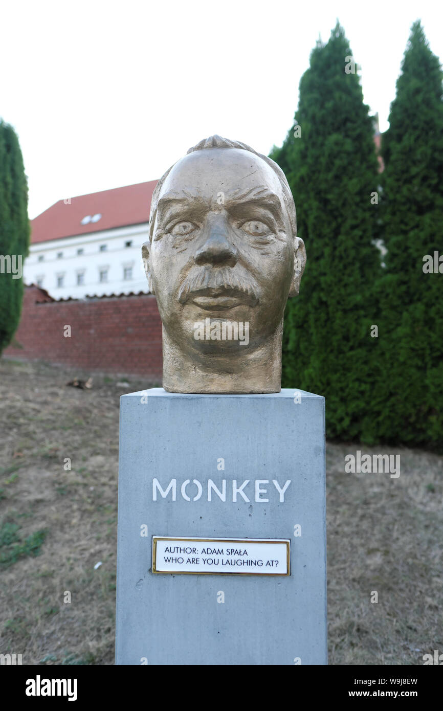 Sandomierz Pologne une exposition de têtes de singe par artiste sculpteur Adam Radzymin - la dernière tête est du sculpteur lui-même Adam Spala Banque D'Images