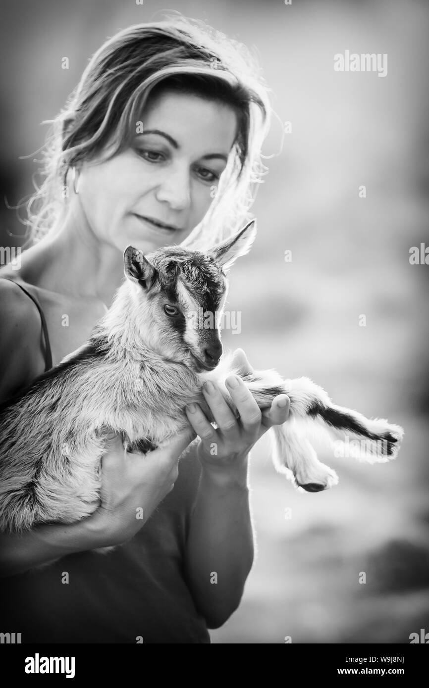Photo en noir et blanc avec femme belle et petite goatling sur ses mains Banque D'Images