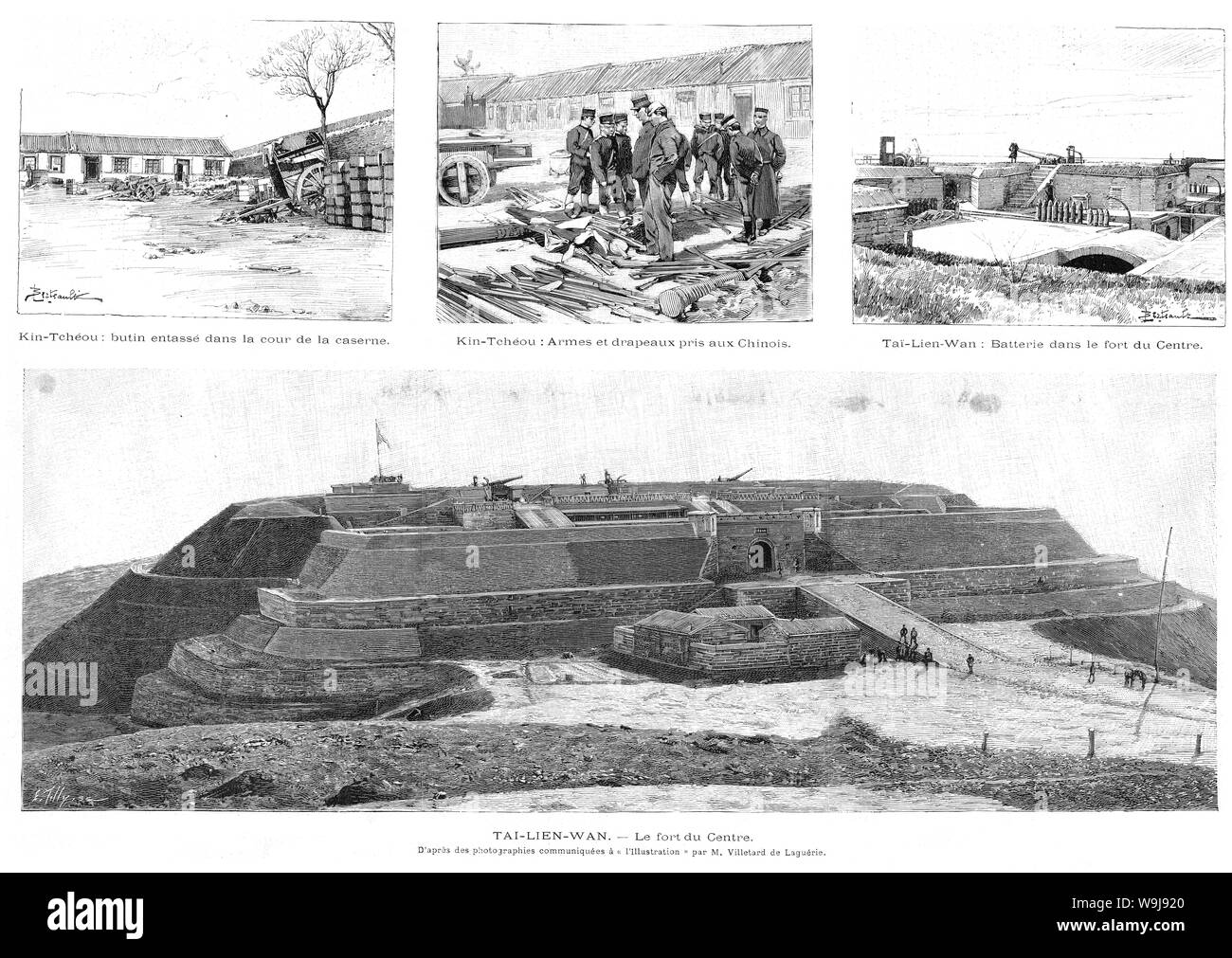 [ 1890 Japon - Première guerre sino-japonaise (1894-1895) ] - fortifications militaires à Dalian (anciennement connu sous le nom de Jinzhou ou Kin-Tchéou) dans la province de Liaoning (anciennement l'Tai-Lien-Wan), la Chine au cours de la première guerre sino-japonaise (1894-1895). Publié dans l'hebdomadaire L'illustré en français Illustration le 2 février 1895 (28) L'ère Meiji. 19e siècle vintage illustration de journal. Banque D'Images