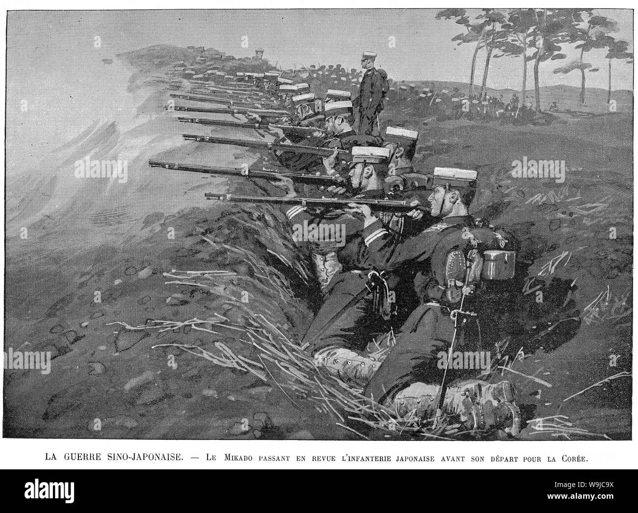[ 1890 Japon - Première guerre sino-japonaise (1894-1895) ] - manœuvres d'infanterie japonaise avant leur départ pour la Corée pendant la première guerre sino-japonaise (1894-1895). Publié dans l'hebdomadaire illustré en français Le Monde illustré, le 13 octobre 1894 (27) L'ère Meiji. Texte original : 'Le Mikado passant en revue l'infanterie japonaise avant son départ pour la Corée." 19e siècle vintage illustration de journal. Banque D'Images