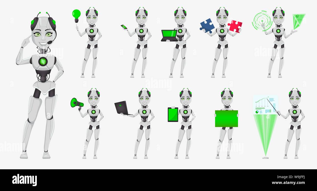 Robot avec l'intelligence artificielle, femme bot, série de 11 poses. Cute cartoon character. Organisme cybernétique humanoïde. Concept futur. Vector Illu Illustration de Vecteur
