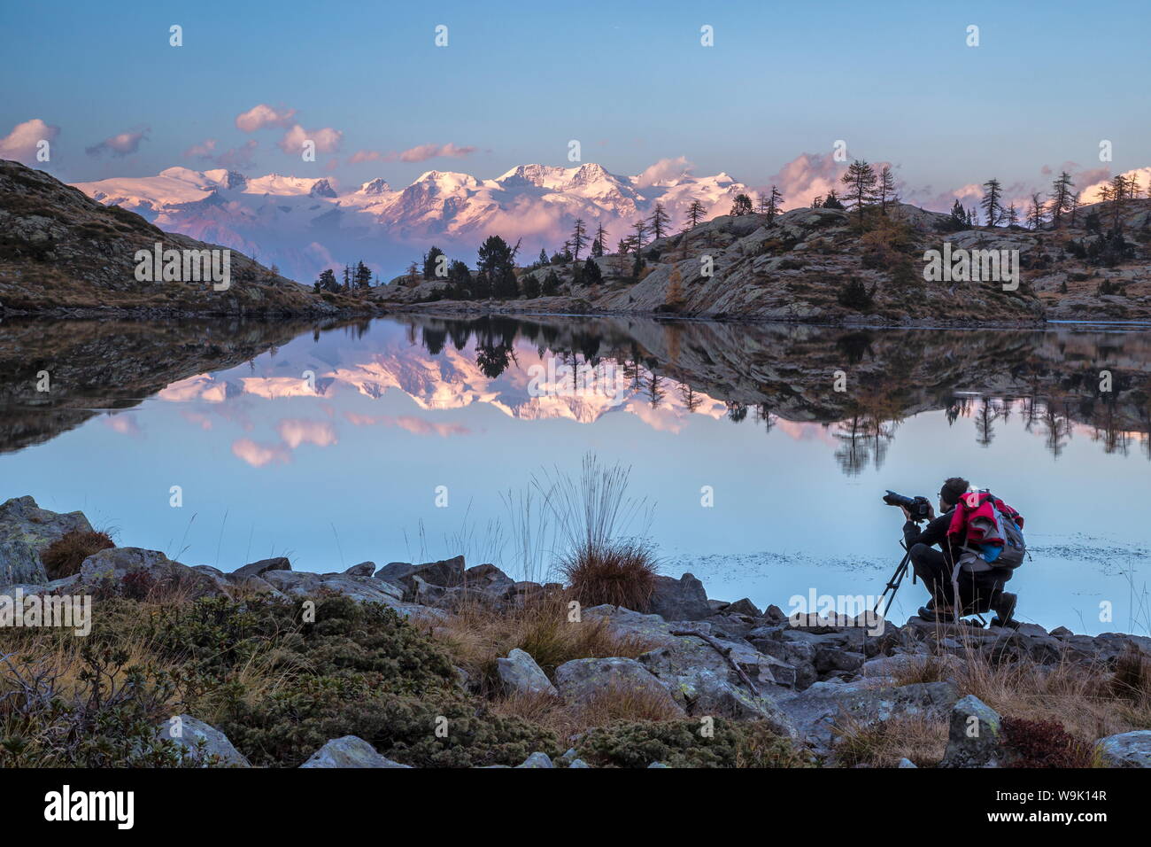 Un photographe en contemplant le coucher du soleil sur le Mont Rose du Lac Bianco dans le Parc Naturel du Mont Avic, vallée d'aoste, Italie, Europe Banque D'Images